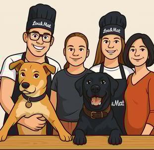 a group of people standing around a dog loumat