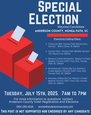 Infographic in red white and blue on how to vote in Honea Path Special elections 