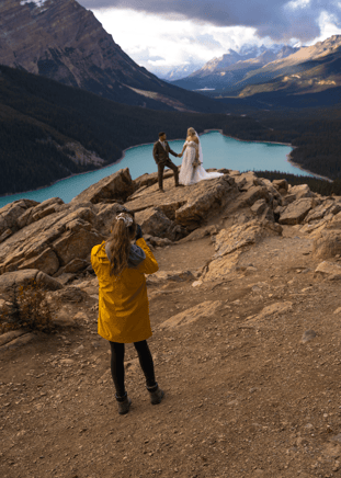 Elopement photographer Solana Crowe photographing an elopement at Peyto Lake