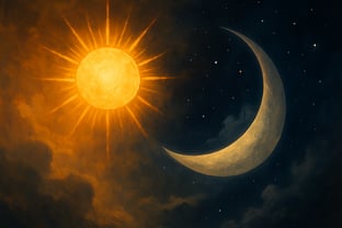 a sun and moon, with stars and clouds in the sky
