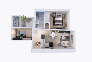 a house with a floor plan and a kitchen