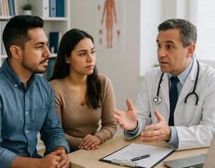 Pareja hispana recibiendo asesoría médica en consultorio, seguro de salud Infoseguros LLC