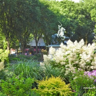 Monument de Jeanne d'Arc, parc, fleurs.