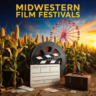 Midwest Film Festivals Text, Image of corn field, film reel and ferris wheel