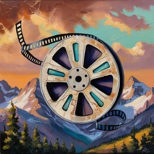 Film reel with mountain range as a backdrop
