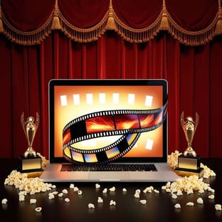 Film strip on a laptop screen with trophies and spilled popcorn on table