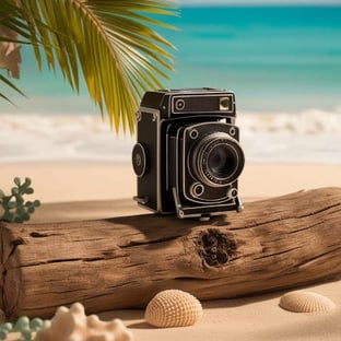 Camera on a log with the ocean as a backdrop