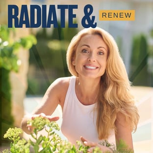 Lady smiling in the sunshine with light coming from behind her and "Radiate and Renew" written above her.