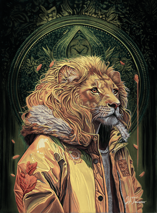 a lion with a yellow jacket and esoteric symbols in the background