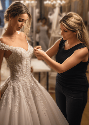 a woman in a wedding dress is being helped by a woman in a dress