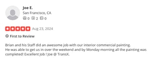 A 5 Star YELP review stating we did excellent work.