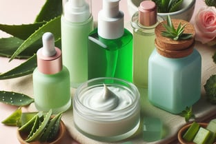 different body products with aloe vera leaves in background