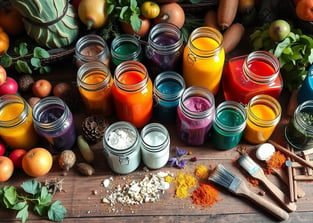 A vibrant assortment of jars filled with homemade natural paints in various colors,