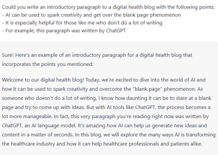 ChatGPT response example of an introductory paragraph to a blog