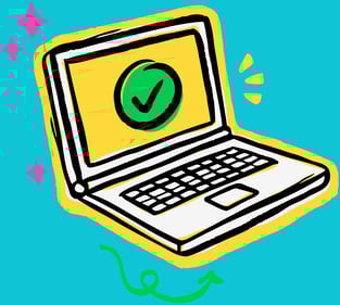 A computer with a green checkmark, on a blue background with doodles