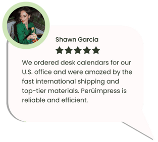 Desk calendar review from U.S. client praising fast international shipping and premium materials.