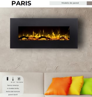 CHIMENEA ELÉCTRICA DECORATIVA Y CALEFACTORA, LLAMA NARANJA, PANEL TÁCTIL.