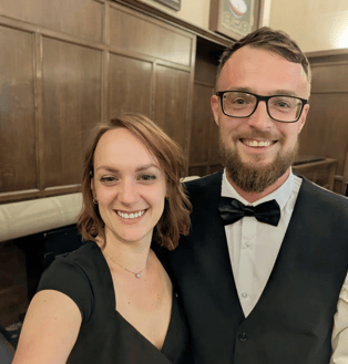 Mr and Mrs Butler in glamorous evening wear
