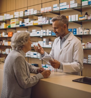 Un pharmacien assiste une femme dans la gestion de son officine