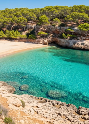 Portals Vells (Platja del Rei) en Mallorca con aguas cristalinas, arena fina y árboles frondosos – Maiorca Unlocked.