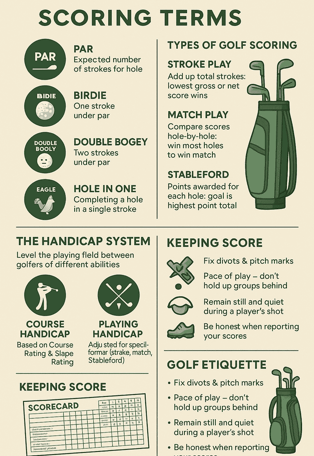 Golf scoring terms, handicap system, and etiquette guide for beginners in one infographic
