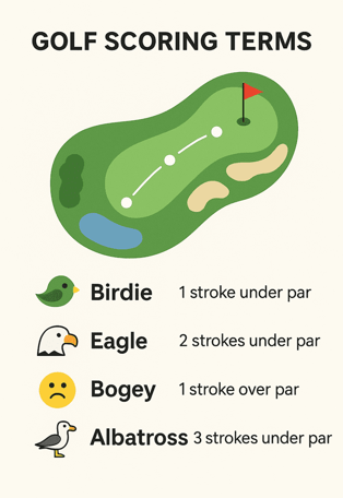 "Infographic on golf scoring: Birdie, Eagle, Bogey, Albatross."