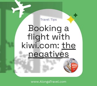 A round custom sign on a background with shadows that says 'Booking a flight with kiwi: the negative