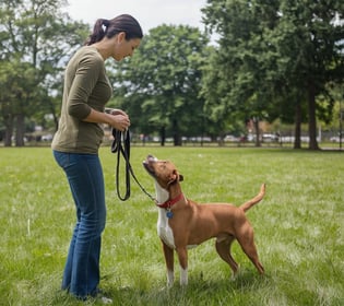 a woman standing in a field with a dog on a leash