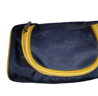 blue pouch with yellow zipper to keep products