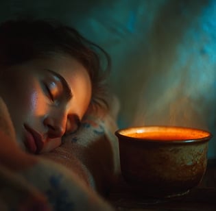 Mulher dormindo em uma cama, xicara de chá em uma mesa de cabeceira ao lado