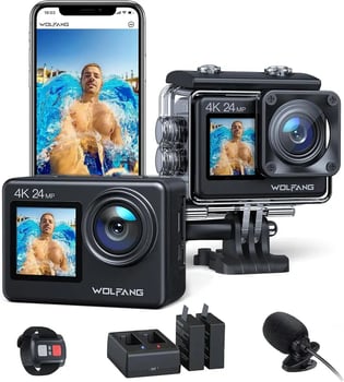 WOLFANG Cámara Deportiva GA200 4K 24MP Doble Pantalla WiFi Cámara de Video