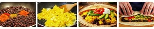 The image shows the process of making a wrap with seasoned black beans, scrambled eggs, and fresh toppings like avocado and s