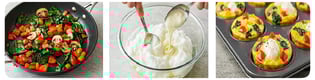 Making egg white and veggie breakfast cups: sautéing veggies, whisking egg whites, and baking the cups.