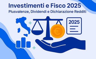 Illustrazione flat con simboli fiscali e chiave-casa, stile istituzionale CAF Public su sfondo blu
