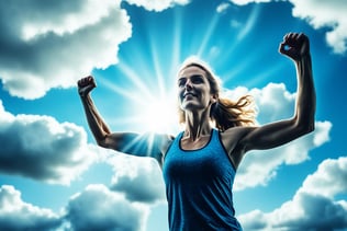 a woman in a blue tank top and a blue sky background