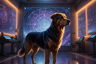 a dog standing with science elements around it.