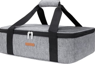 a gray and black lunch bag with a zipper closure