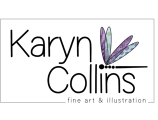 Logo for Karyn Collins Art featuring a graphic representation of a dragonfly with patterned wings