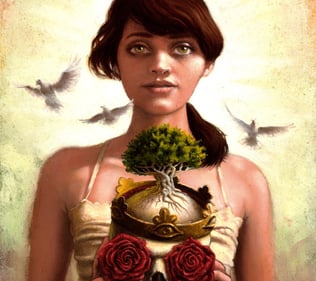 woman holding skull roses in eyes sockets gold crown tree growing out of skull painting Gabe Wells