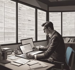 A person is working on a laptop at a table, focusing on a software interface displayed on the screen. The interface appears technical or related to programming and data flow. The setting seems to be a modern indoor office or study area with a window in the background.