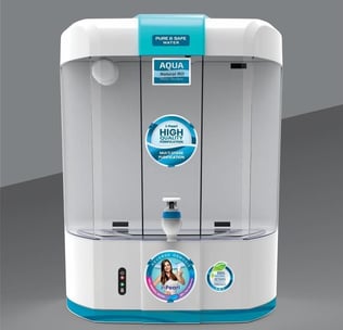 a water purifier with a blue and white background