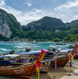 a group of boats docked at a beach