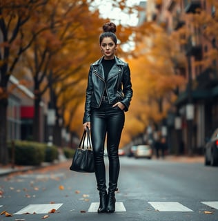 Fall outfit idea with leather jacket, leather pants, leather boots, leather tote bag