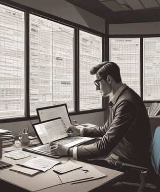 A person is working on a laptop at a table, focusing on a software interface displayed on the screen. The interface appears technical or related to programming and data flow. The setting seems to be a modern indoor office or study area with a window in the background.