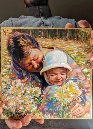 golden portrait painting of a family
