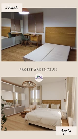 Chambre style neutre tapis peau de vache espace de rangement mobilier bois et travertin