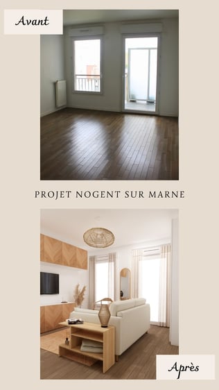 salon style boheme avec un canapé beige et un espace télé avec beaucoup de rangement