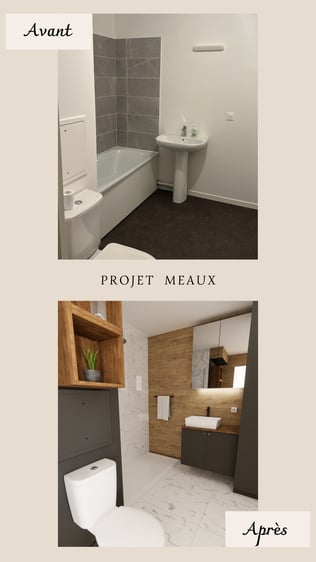 salle d'eau marbre, carrelage effet bois et mobilier gris anthracite 