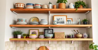 a kitchen with a wooden shelf and shelves with dishes