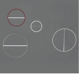 Luminaria JOJO LIGHT con diseño gráfico de aros y líneas suspendidas sobre fondo gris